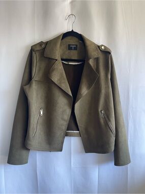 Tahari Olive Suede Moto Jacket with Zip Pockets